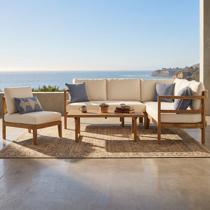 HouseOfZazla Outdoor Acacia Wood 5-Seater Sectional Sofa Set with beige cushions on Tampa Home & Garden Store