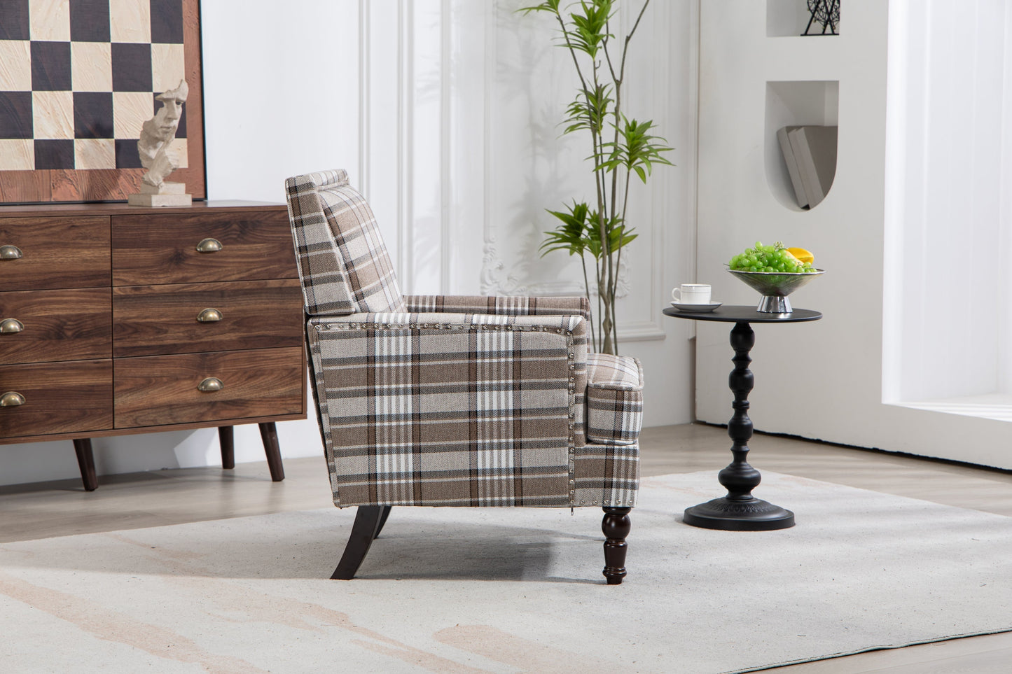 Upholstered Accent Chair in brown plaid linen with nailhead trim on Tampa Home & Garden Store