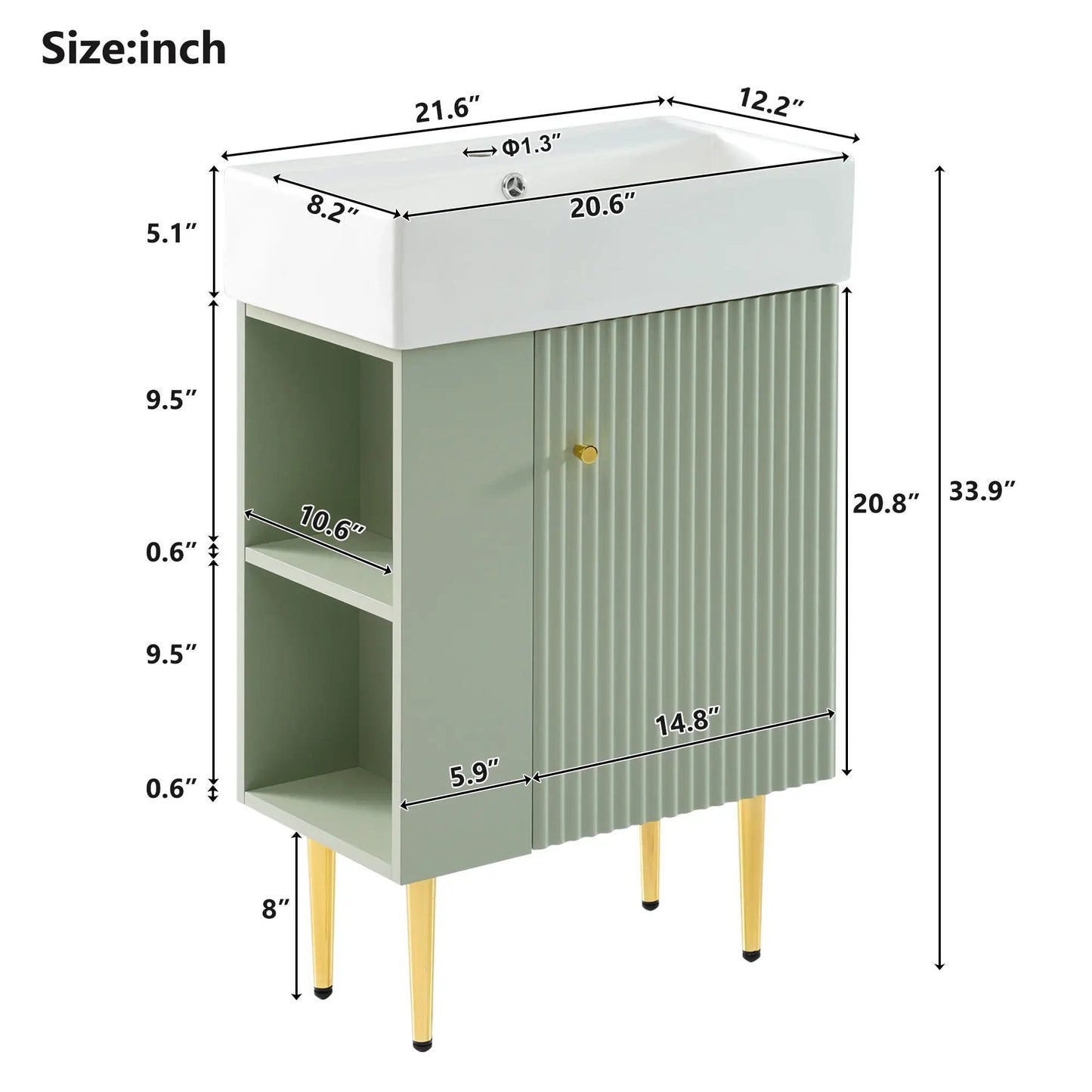 Bathroom vanity cabinet with ceramic sink, gray cabinet, open shelf, ribbed panel, wood legs on Tampa Home & Garden Store