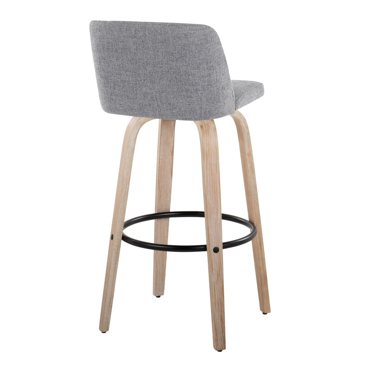 Mid-Century Modern Bar Stool Set, grey fabric upholstery, wood legs, black circular footrest on Tampa Home & Garden Store