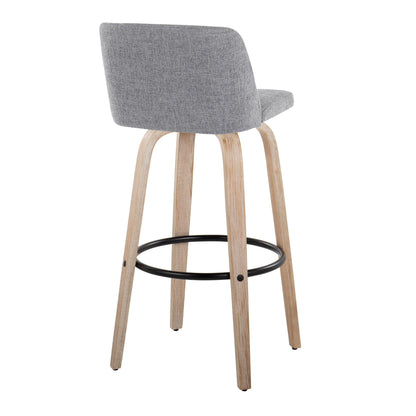 Mid-Century Modern Bar Stool Set, grey fabric upholstery, wood legs, black circular footrest on Tampa Home & Garden Store