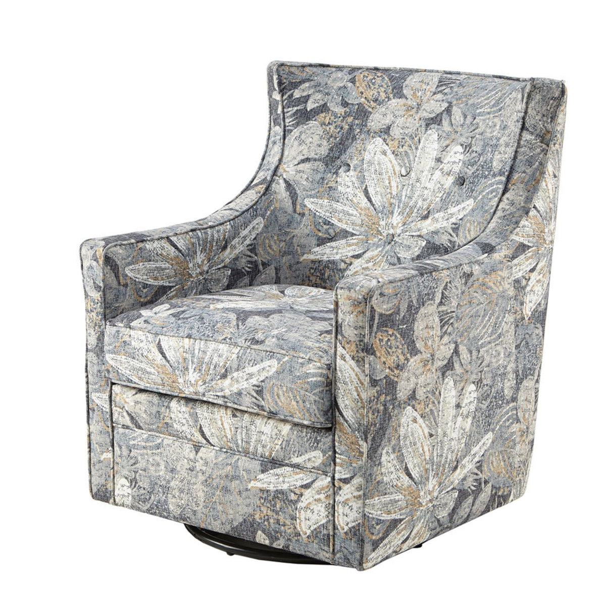 Swivel glider chair with multicolor leaf-pattern upholstery and round metal base on Tampa Home & Garden Store