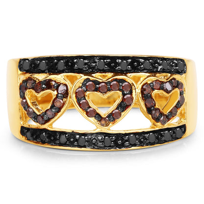 Ring, 14K yellow gold plated sterling silver with black and red diamonds, triple heart motif by Bids.com on Tampa Home & Garden Store