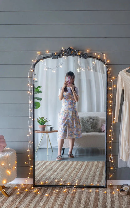 Arch Mirror by Unique Piece Furniture, Baroque-inspired ornate frame, tall arch, string lights on Tampa Home & Garden Store