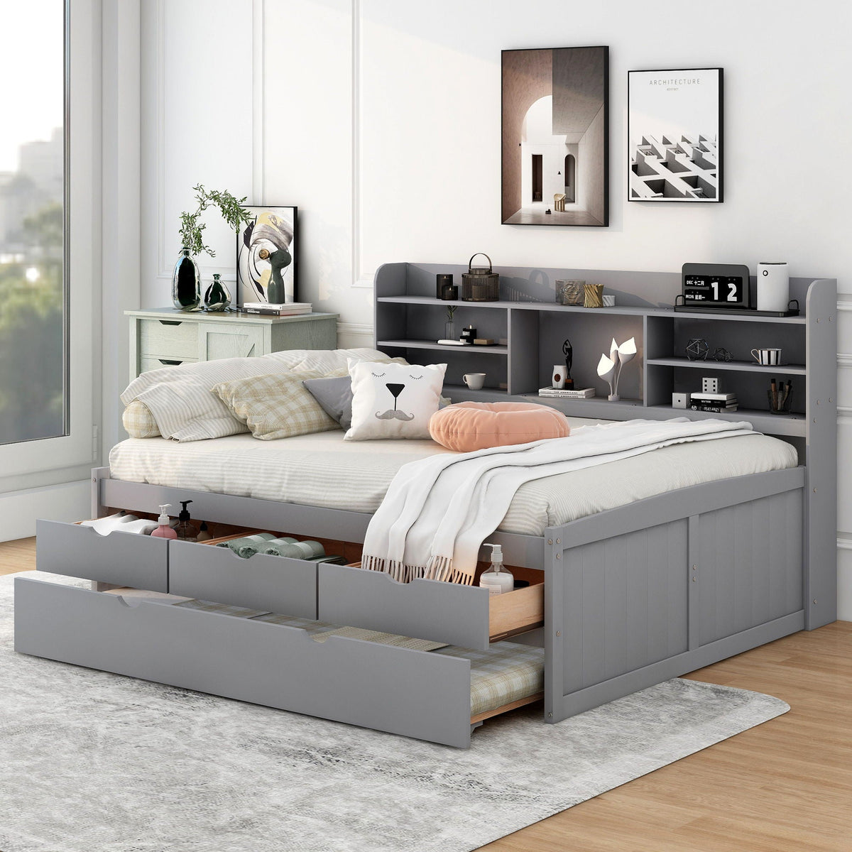 Captain bed with built-in bookshelves and trundle, gray finish with three under-bed drawers on Tampa Home & Garden Store