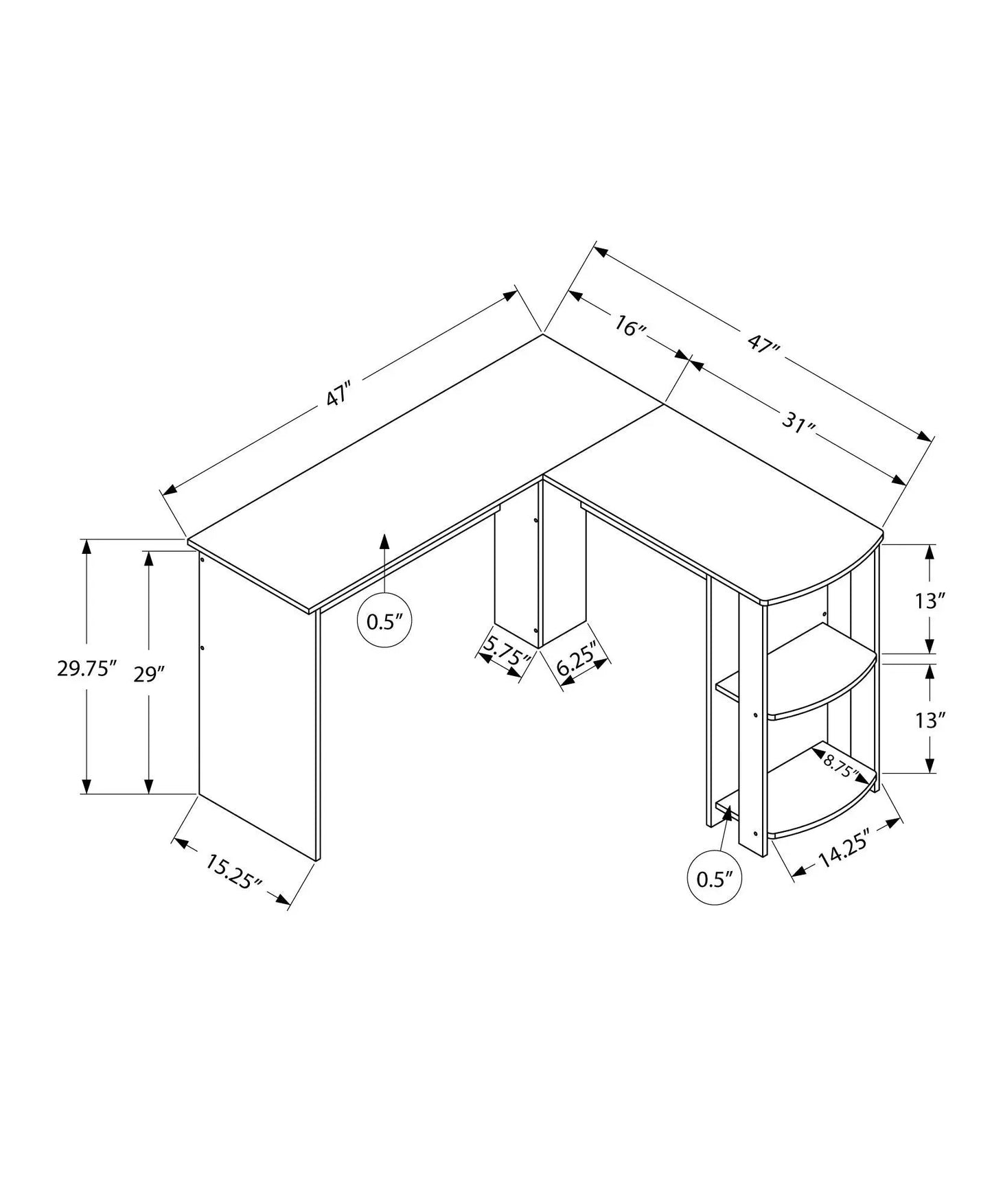 Corner L-shaped computer desk in walnut with storage shelves on Tampa Home & Garden Store