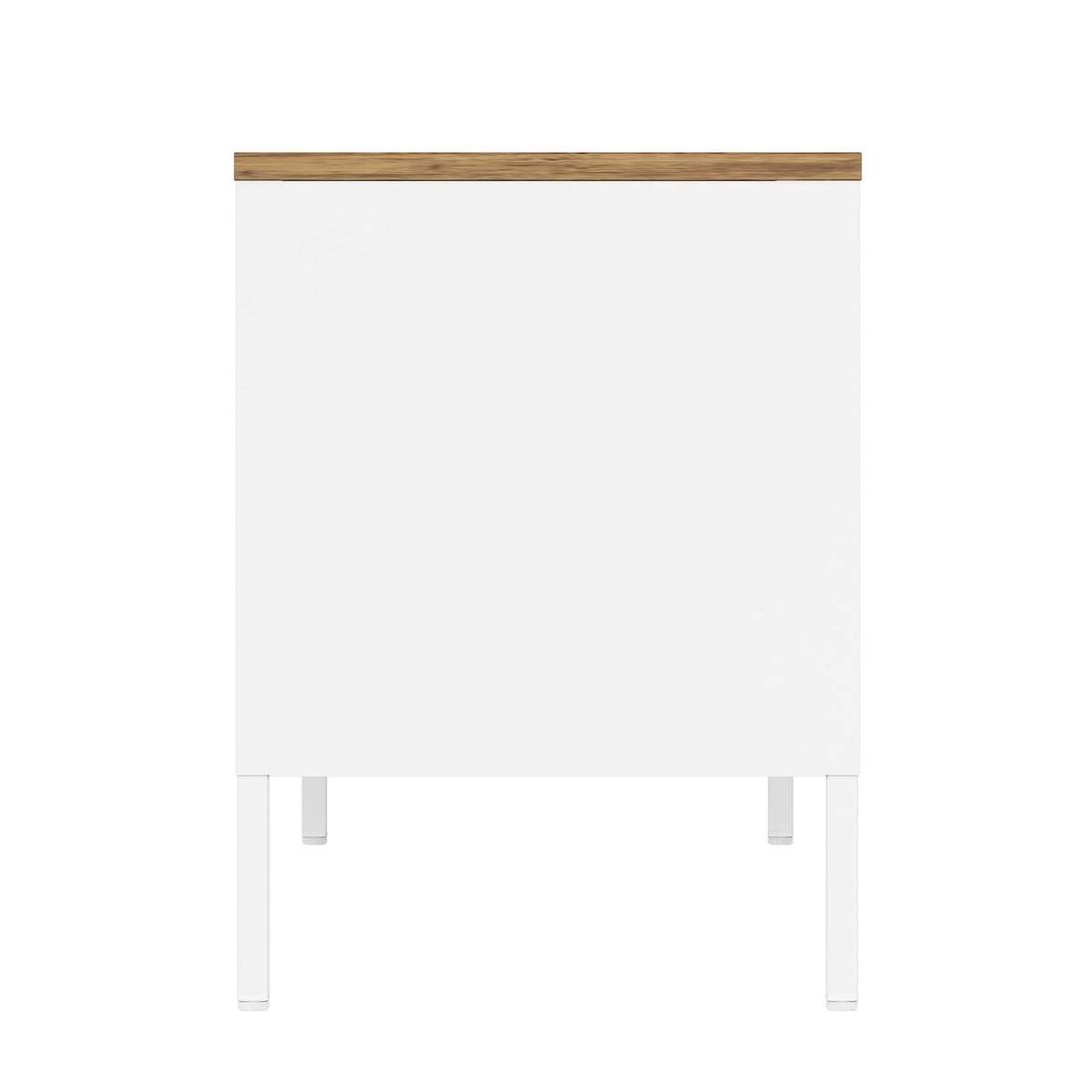 Storage cabinet TV stand with steel frame, white finish, wood-tone top trim, dual cabinet doors on Tampa Home & Garden Store