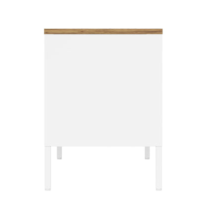 Storage cabinet TV stand with steel frame, white finish, wood-tone top trim, dual cabinet doors on Tampa Home & Garden Store
