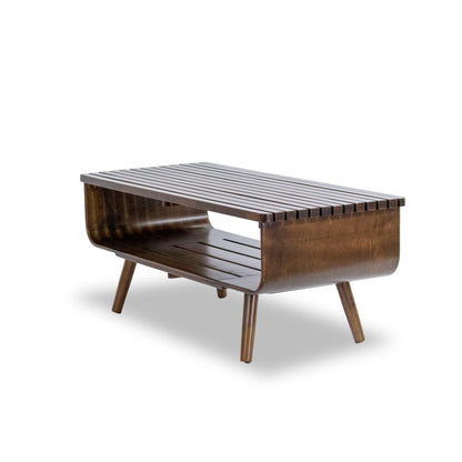 Alice Mid-Century Modern Coffee Table with slatted dark walnut top and curved legs on Tampa Home & Garden Store