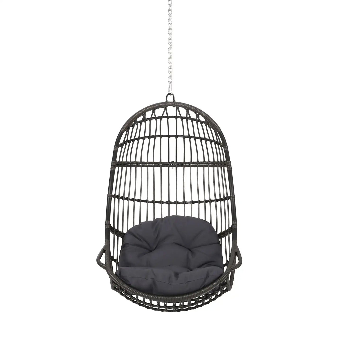 Rustic Hanging Basket Chair With Cushion, black woven rattan, gray cushion, chain hanging on Tampa Home & Garden Store