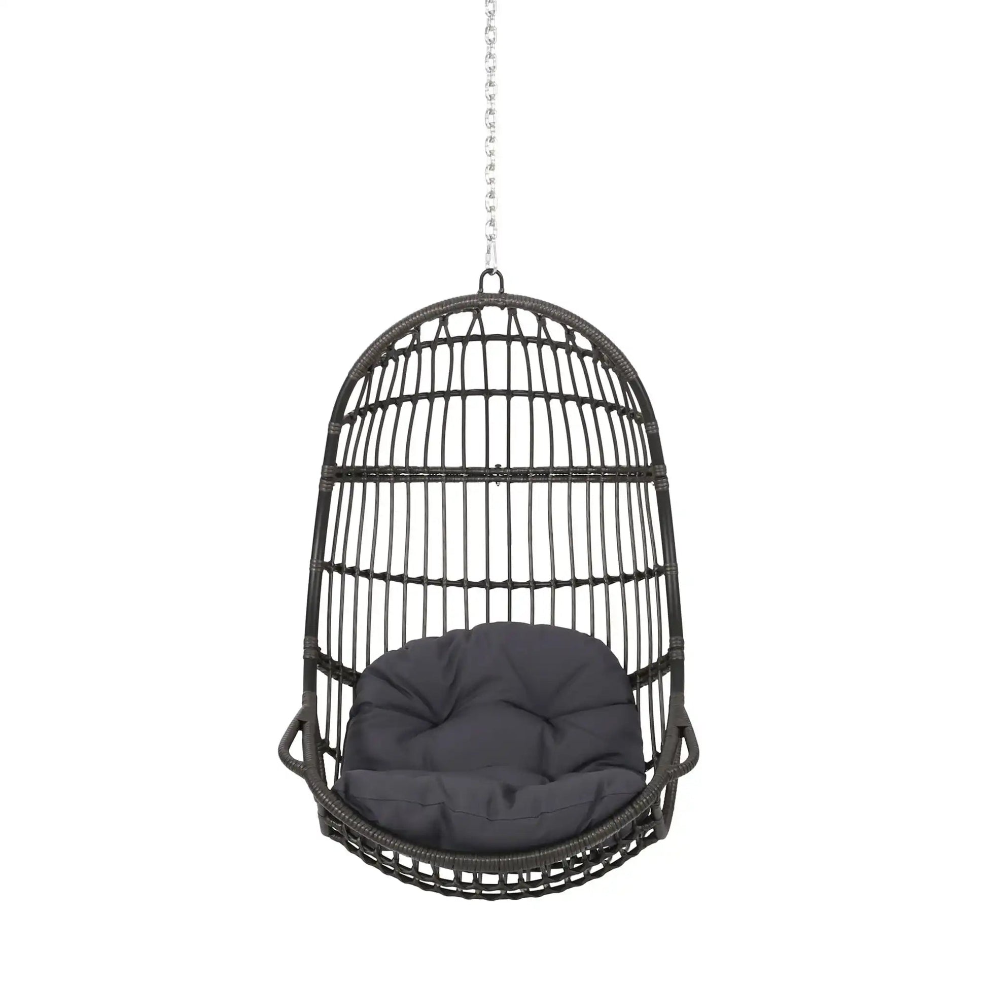 Rustic Hanging Basket Chair With Cushion, black woven rattan, gray cushion, chain hanging on Tampa Home & Garden Store