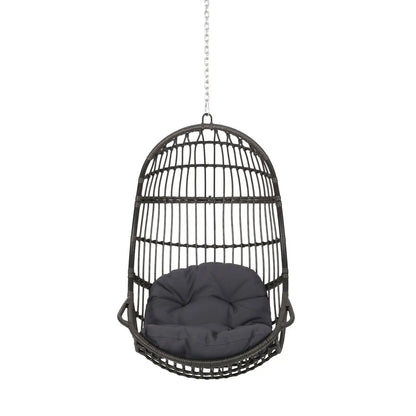 Rustic Hanging Basket Chair With Cushion, black woven rattan, gray cushion, chain hanging on Tampa Home & Garden Store