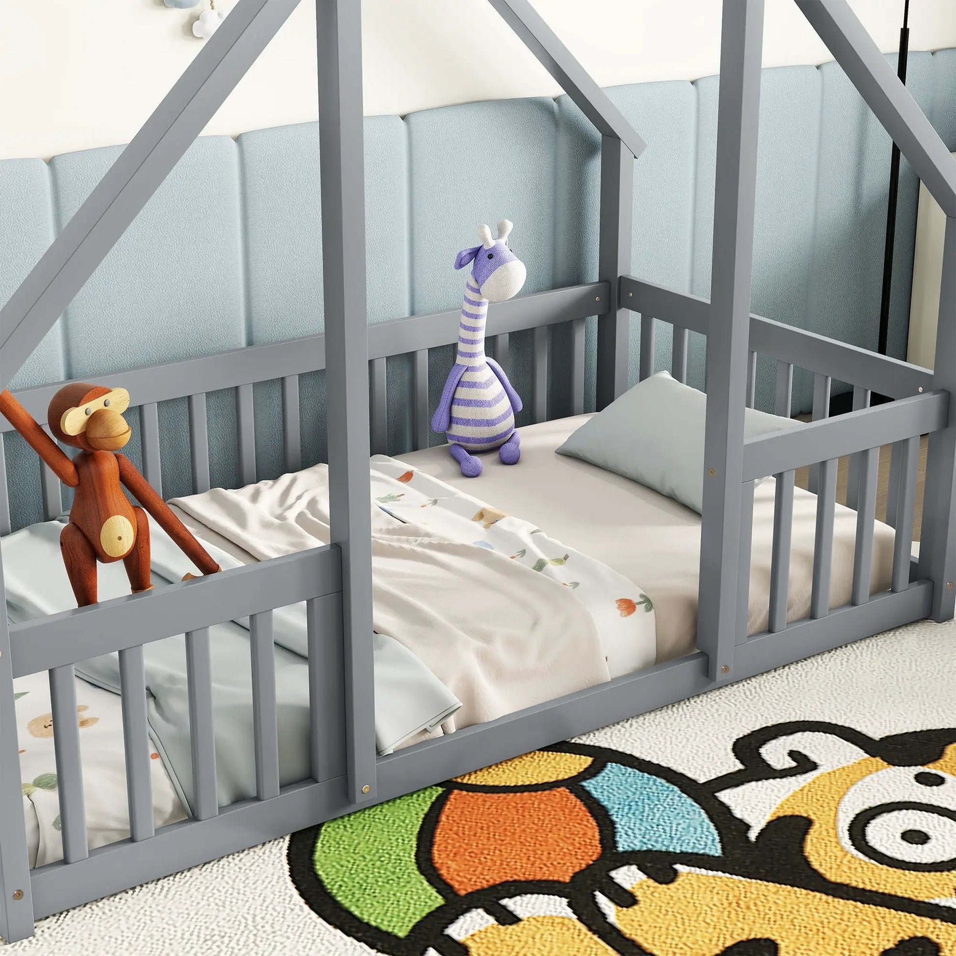 Wood house-shaped floor bed with guardrails in gray by Unique Piece Furniture toddler bed on Tampa Home & Garden Store
