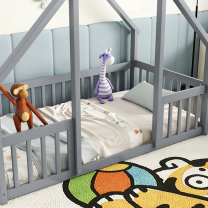 Wood house-shaped floor bed with guardrails in gray by Unique Piece Furniture toddler bed on Tampa Home & Garden Store
