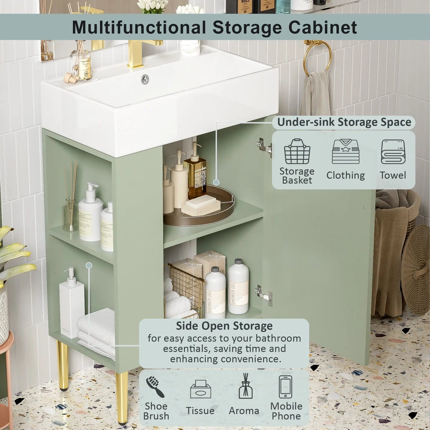 Bathroom vanity with single ceramic sink on sage green cabinet with open storage shelves on Tampa Home & Garden Store