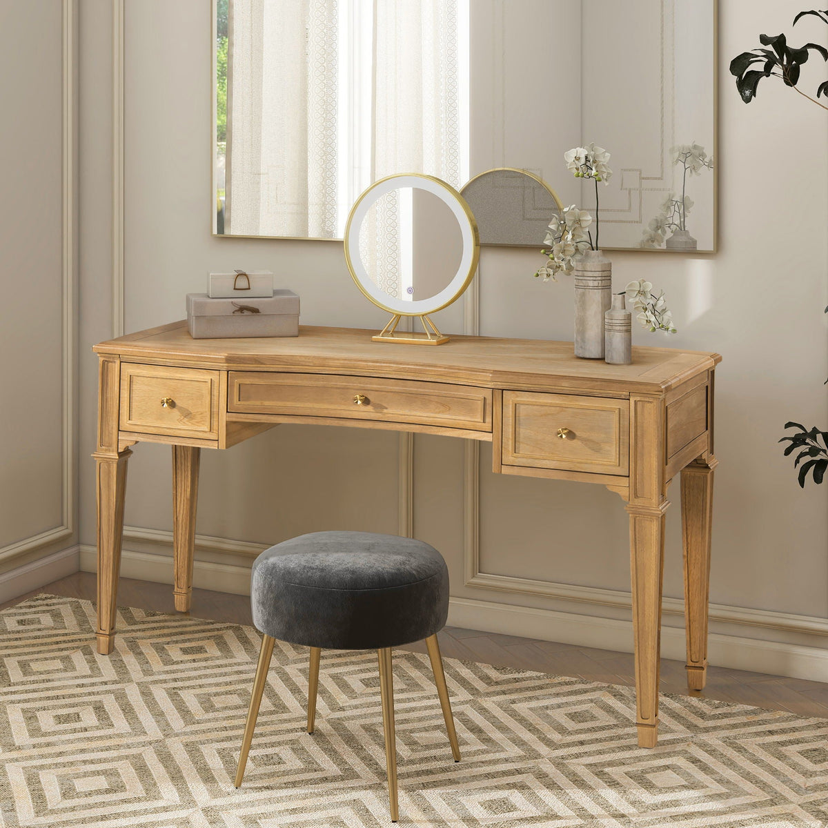 Dauphin 3-Drawer Executive Desk in light brown oak with brass pulls by HouseOfZazla on Tampa Home & Garden Store
