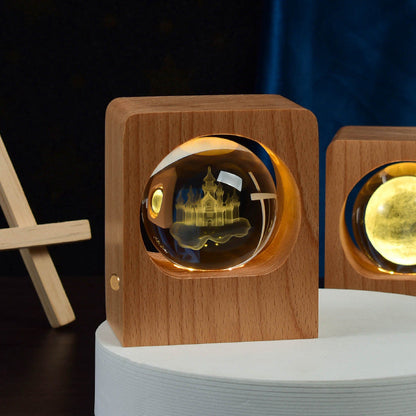 Two beech wood crystal ball night lights with 3D engraving inside, warm LED, USB dimmable on Tampa Home & Garden Store