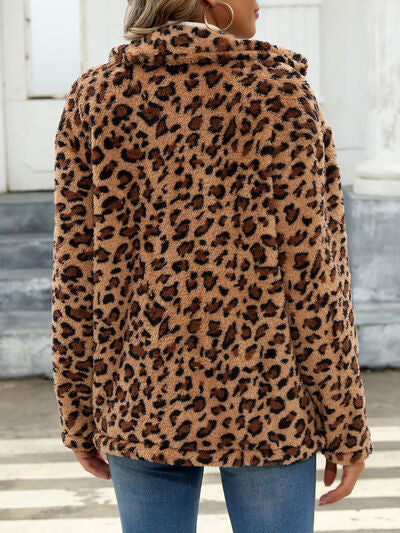 Leopard print faux fur jacket for women, hip-length, fluffy drop-shoulder style on Tampa Home & Garden Store