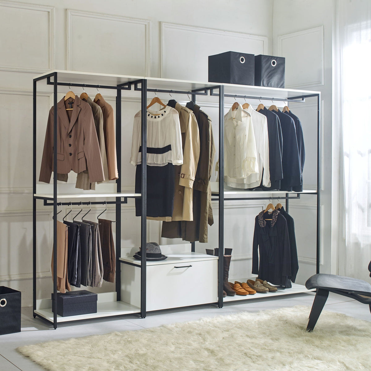 White walkin closet with adjustable shelves, triple Wardrobe by HouseOfZazla powdercoated frame on Tampa Home & Garden Store