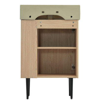 Bathroom vanity with single ceramic sink and open lower shelf in light wood cabinet on Tampa Home & Garden Store
