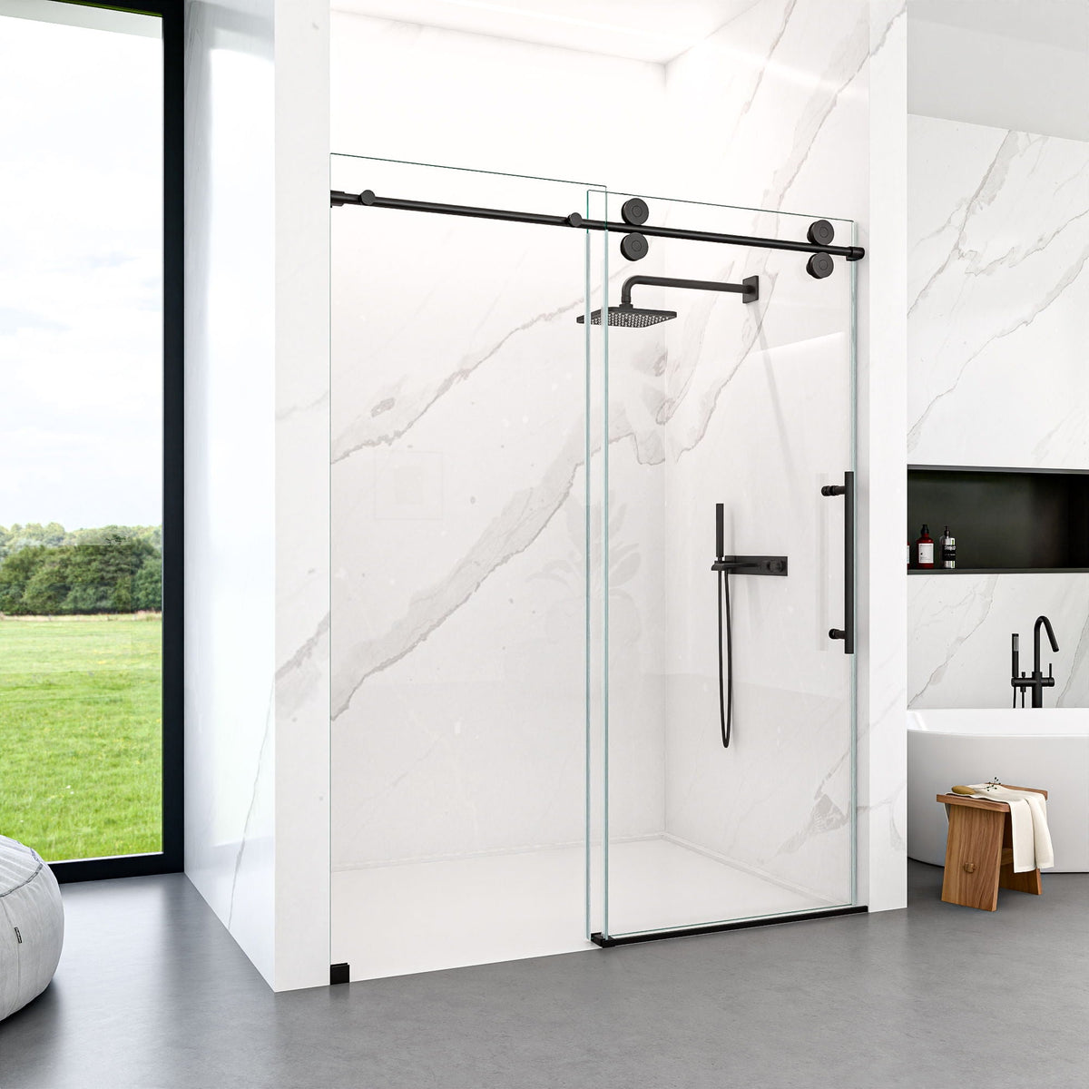 Clear tempered frameless sliding shower door with black hardware by HouseOfZazla on Tampa Home & Garden Store