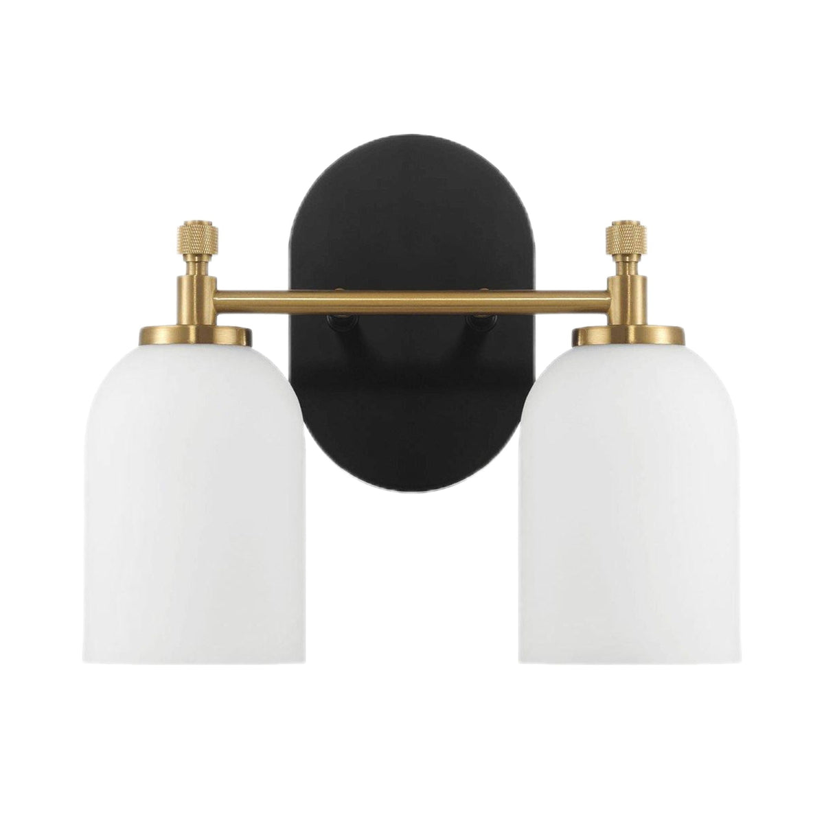 2-light vanity wall sconce with frosted glass shades, black backplate and gold accents on Tampa Home & Garden Store