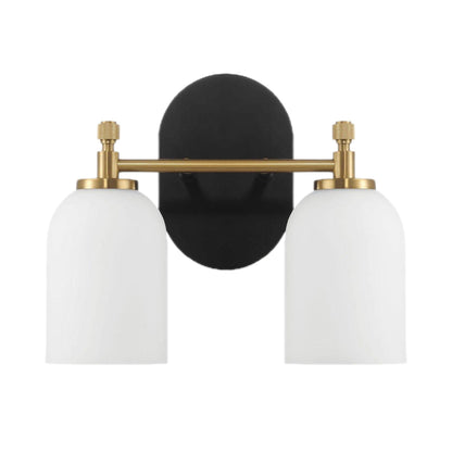 2-light vanity wall sconce with frosted glass shades, black backplate and gold accents on Tampa Home & Garden Store