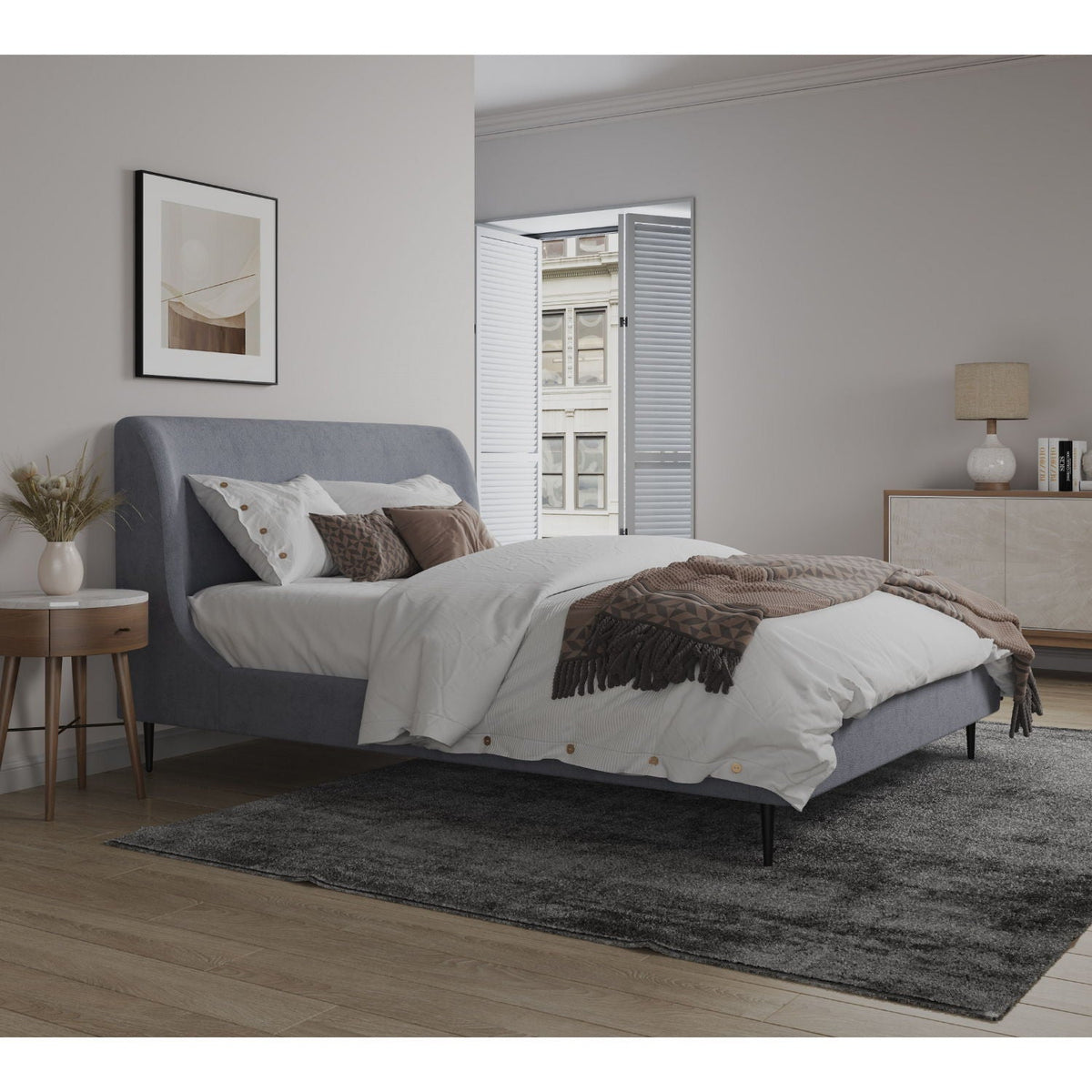 Heather Upholstered Bed with curved headboard in blue-gray fabric, HouseOfZazla on Tampa Home & Garden Store