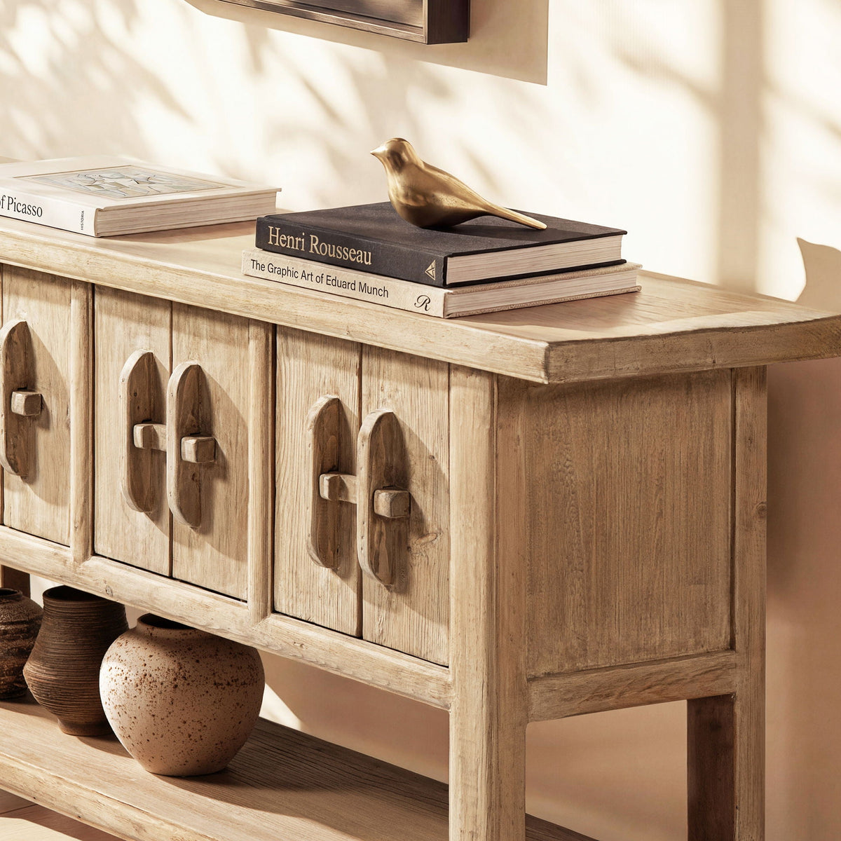 Reclaimed Pine Sideboard with Lower Shelf in natural finish, brass bird by HouseOfZazla on Tampa Home & Garden Store