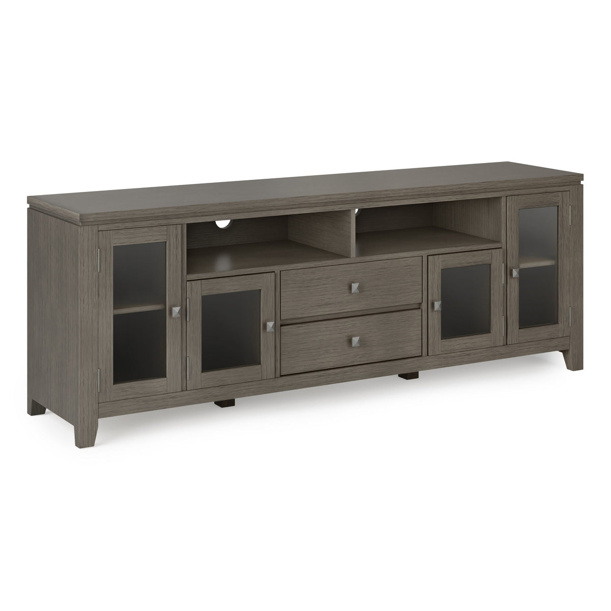 Wide Handcrafted Solid Wood Media Stand by HouseOfZazla, gray-washed finish, glass doors on Tampa Home & Garden Store