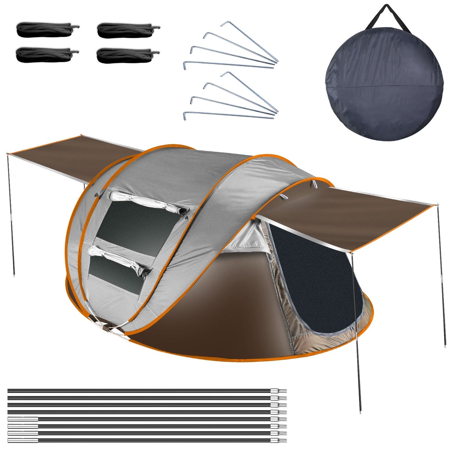 GemGear 3-4 Person Pop Up Tent with waterproof gray fabric, orange trim, 2 mesh windows on Tampa Home & Garden Store