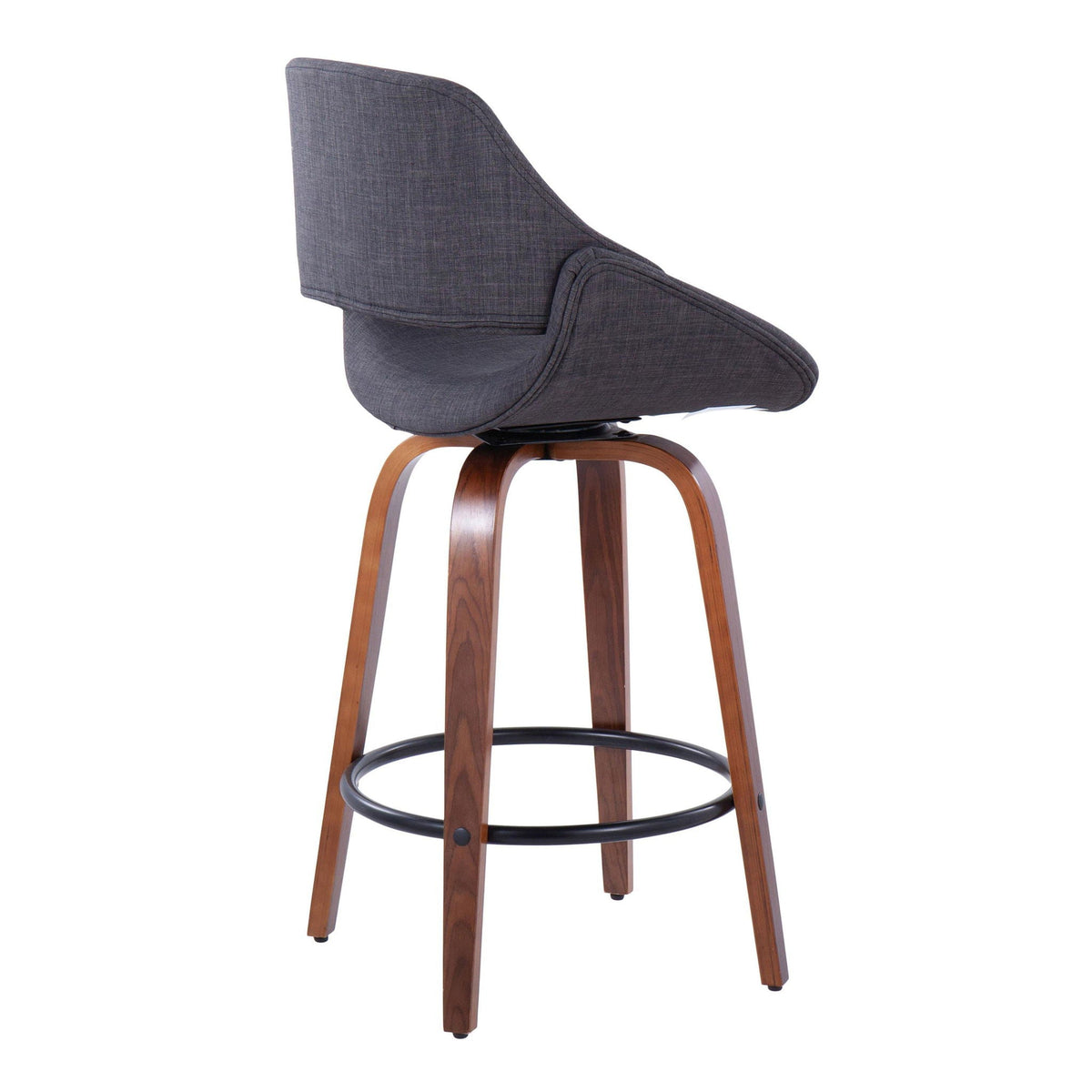 Mid Century Modern counter stool in dark gray fabric with circular footrest and wooden legs on Tampa Home & Garden Store