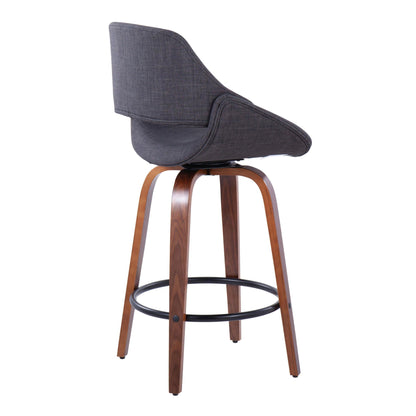 Mid Century Modern counter stool in dark gray fabric with circular footrest and wooden legs on Tampa Home & Garden Store