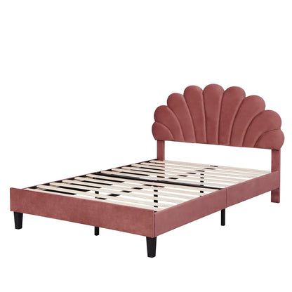Upholstered platform bed with flower-petal headboard in dusty rose fabric, slatted base on Tampa Home & Garden Store