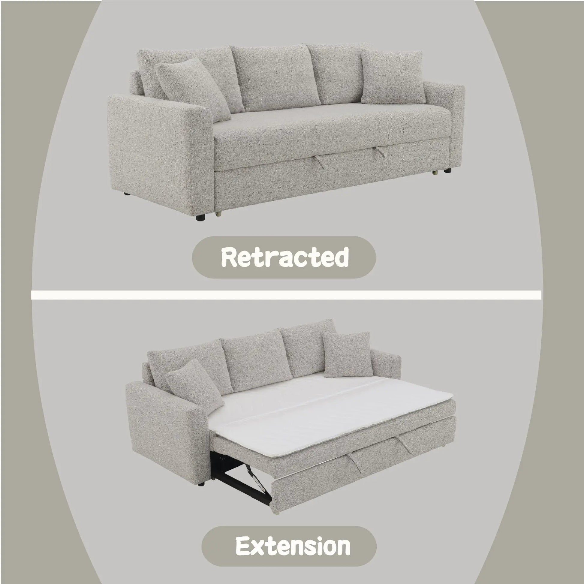 Connie beige boucle sleeper sectional sofa with 2 toss pillows, sleeper extension on Tampa Home & Garden Store
