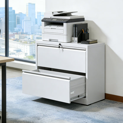 White lateral filing cabinet with locking system anti-tip interlock, printer on top by window on Tampa Home & Garden Store