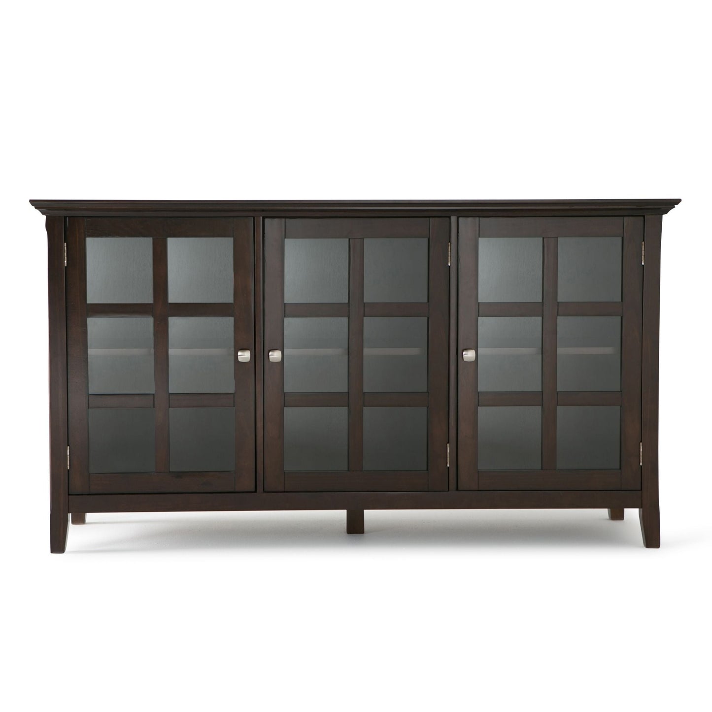 Acadian wide storage cabinet handcrafted in dark brown wood with glass-panel doors on Tampa Home & Garden Store