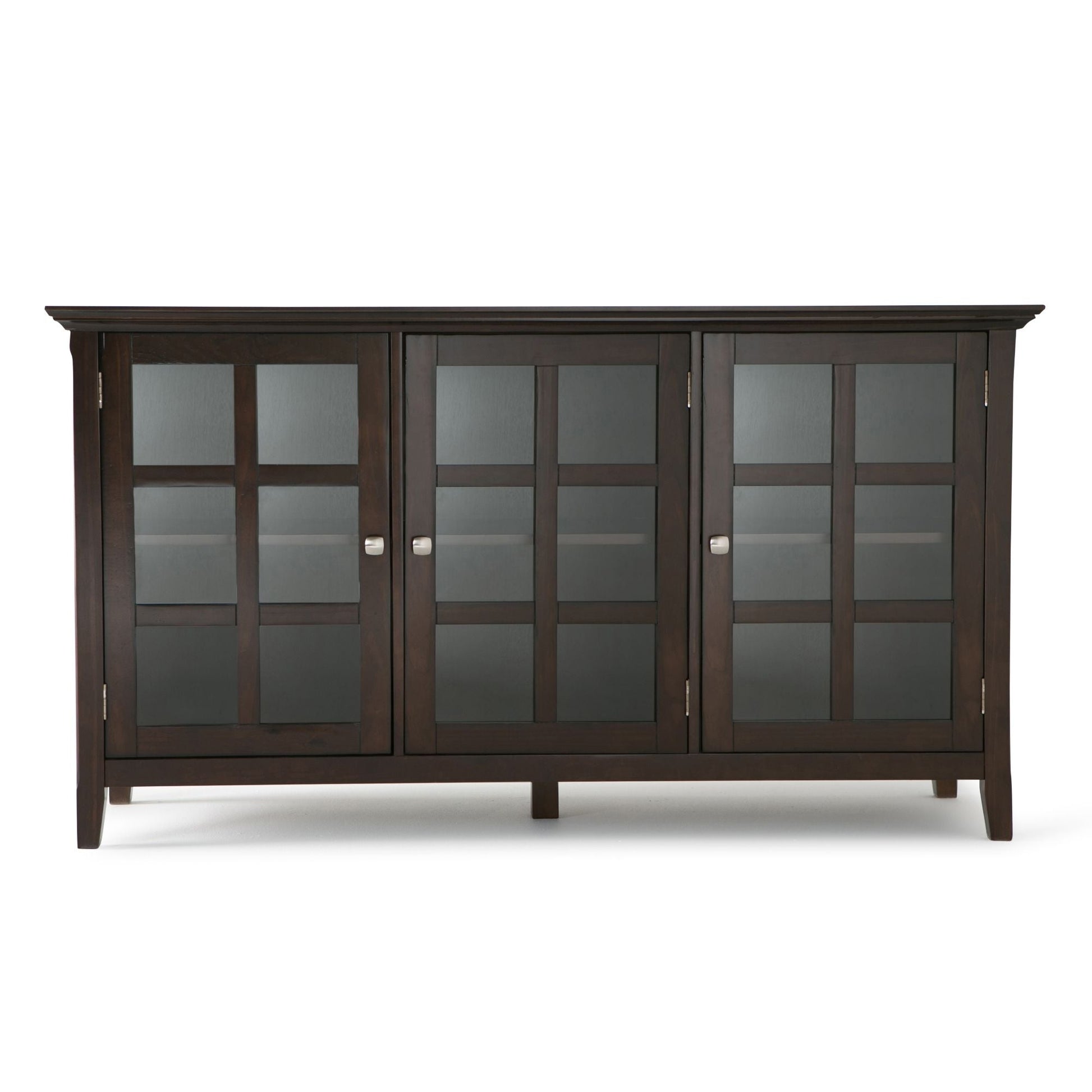 Acadian wide storage cabinet handcrafted in dark brown wood with glass-panel doors on Tampa Home & Garden Store