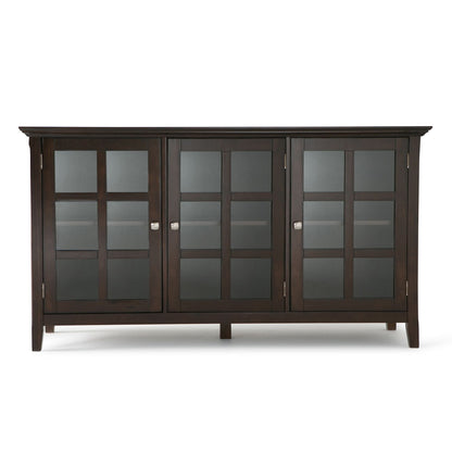 Acadian wide storage cabinet handcrafted in dark brown wood with glass-panel doors on Tampa Home & Garden Store