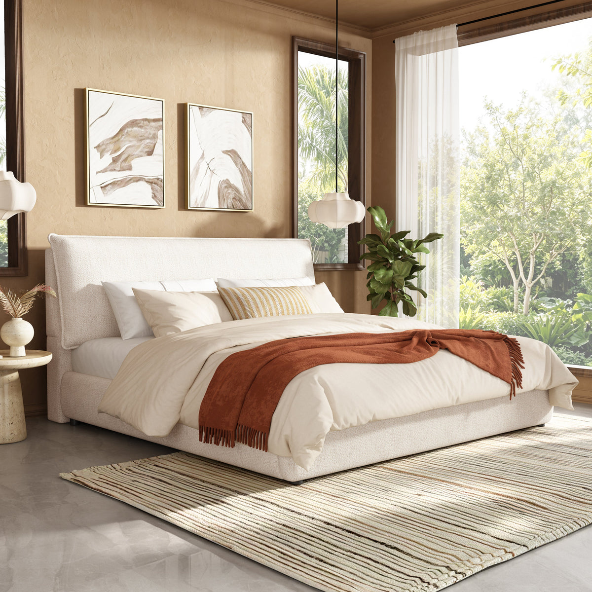 Upholstered platform bed frame with oversized plush pillow headboard by HouseOfZazla in beige on Tampa Home & Garden Store