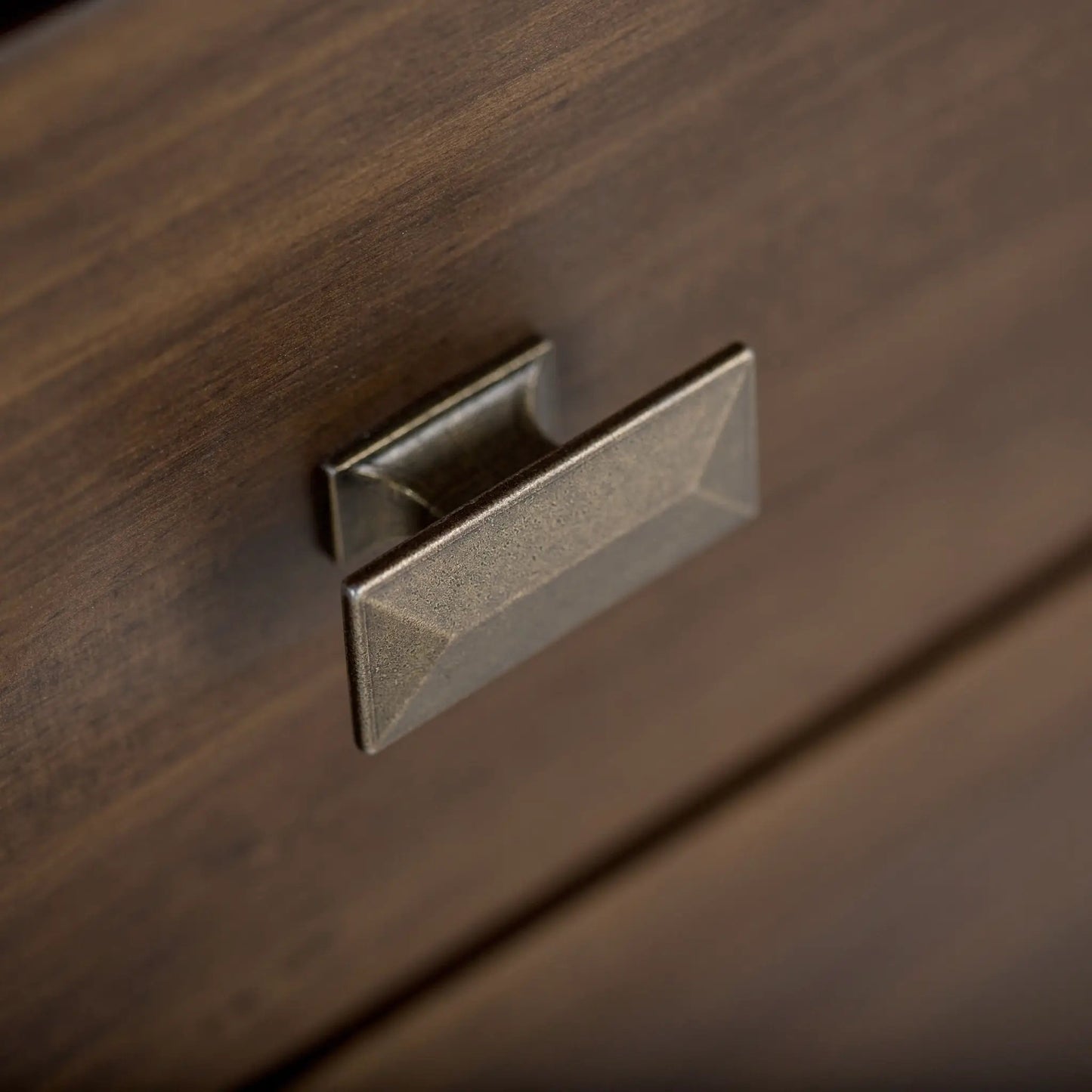 Artisan tall TV media stand close-up in natural aged brown wood with metal pulls on Tampa Home & Garden Store