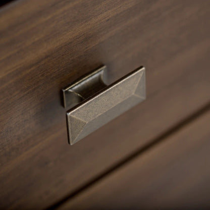 Artisan tall TV media stand close-up in natural aged brown wood with metal pulls on Tampa Home & Garden Store