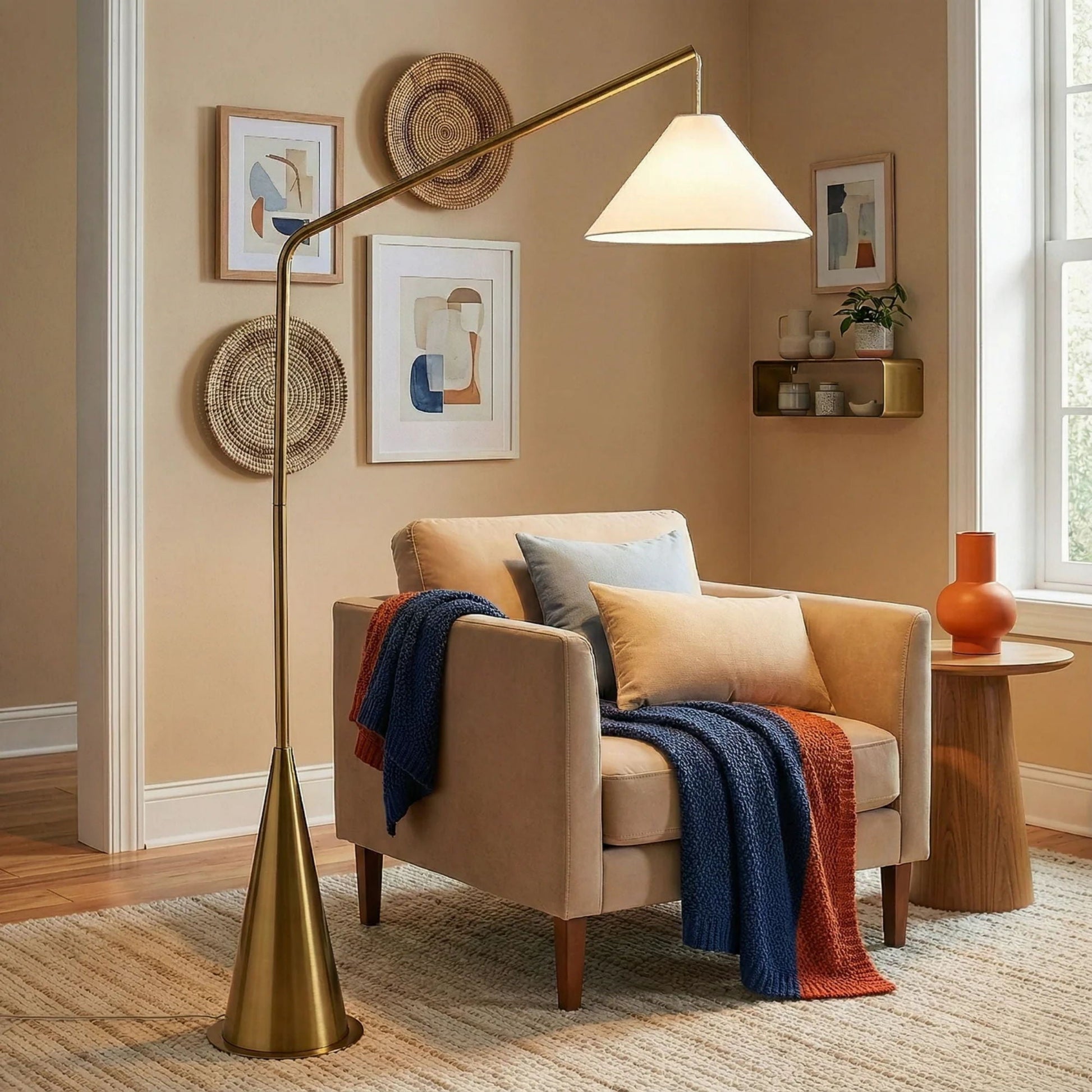 Lisbon floor lamp antique brass base with conical white shade HouseOfZazla on Tampa Home & Garden Store