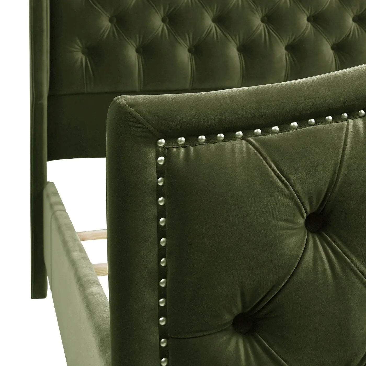 Marcella Upholstered Shelter Bed Set in green velvet with tufted panels on Tampa Home & Garden Store