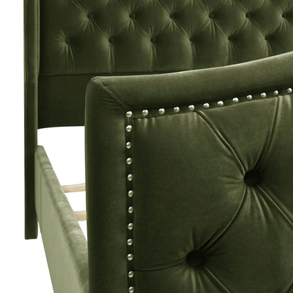 Marcella Upholstered Shelter Bed Set in green velvet with tufted panels on Tampa Home & Garden Store
