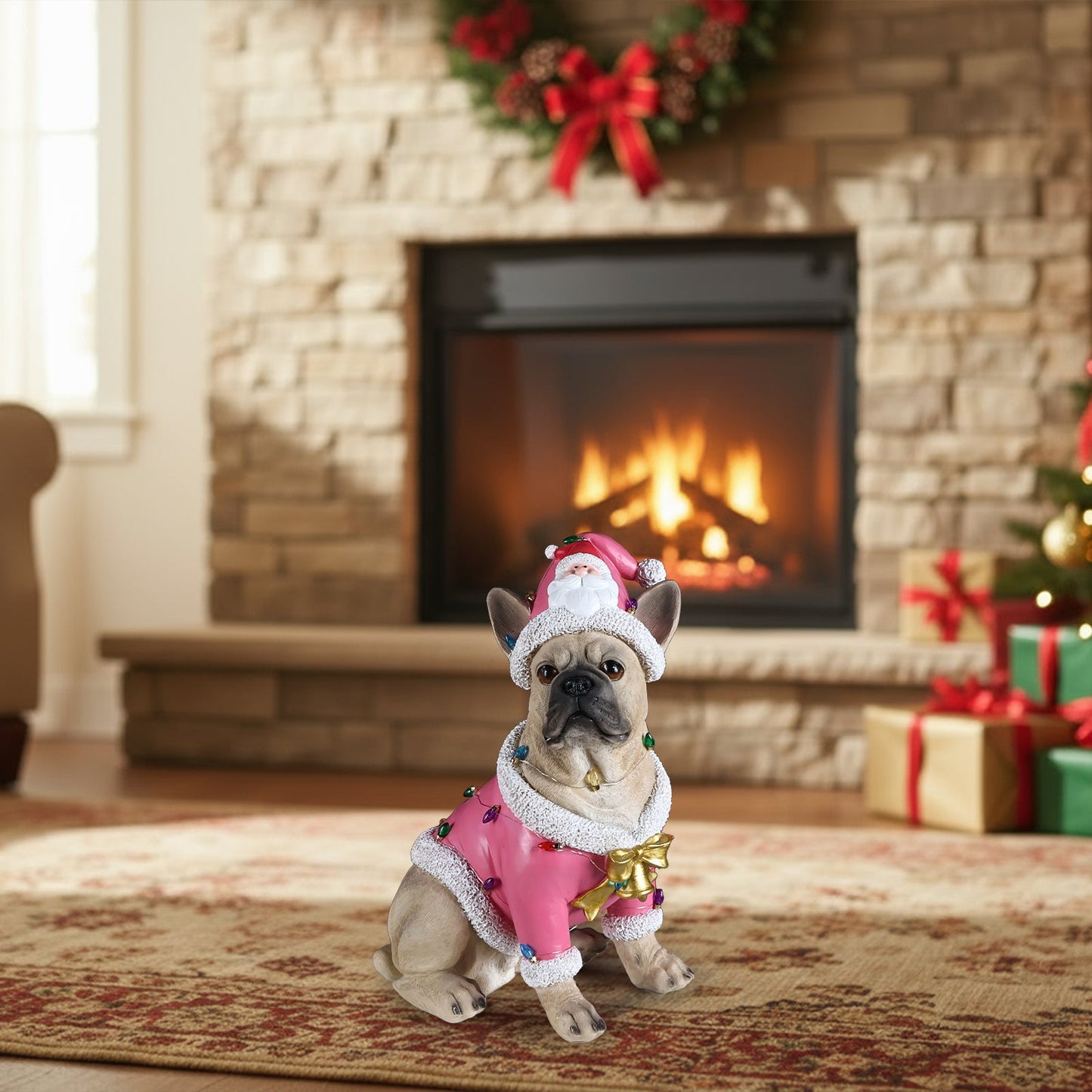 Christmas French Bulldog Statue by HouseOfZazla in pink Santa outfit with white fur trim on Tampa Home & Garden Store