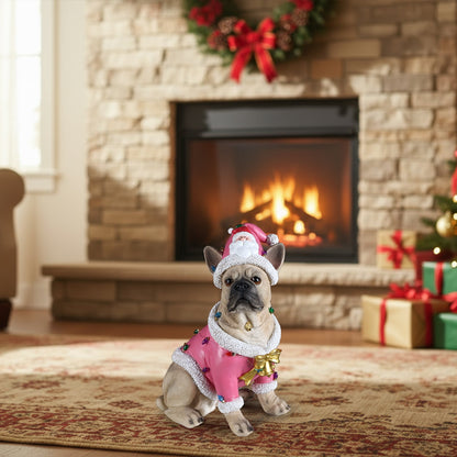 Christmas French Bulldog Statue by HouseOfZazla in pink Santa outfit with white fur trim on Tampa Home & Garden Store