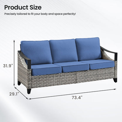 73.4-inch Wide Outdoor Wicker Sofa blue cushions wicker frame HouseOfZazla patio seating on Tampa Home & Garden Store