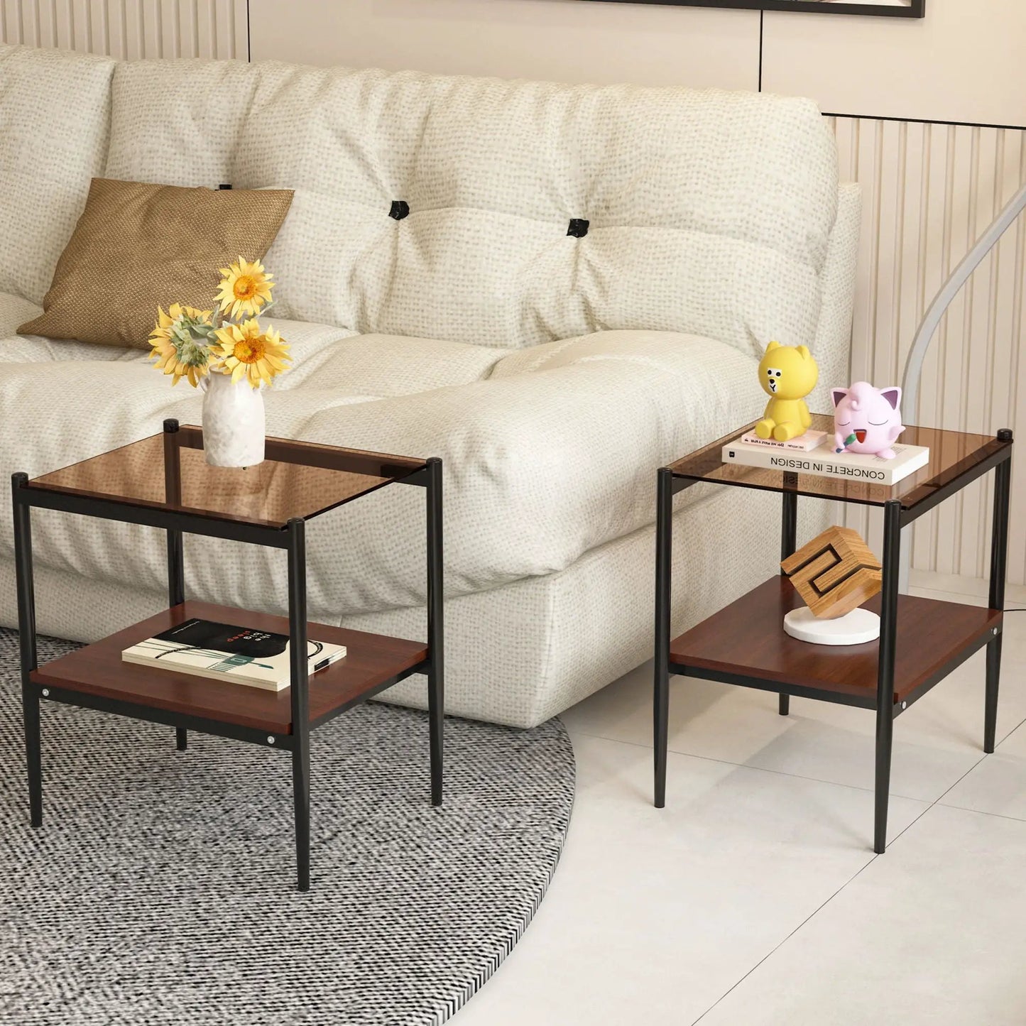 Modern End Table Set of 2 With Tempered Glass