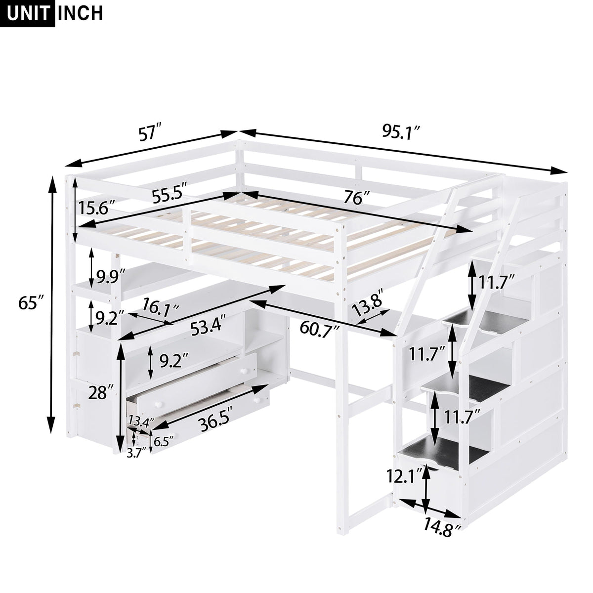 Loft Bed With Desk, Shelves, 2 Drawers, Storage Staircase in white by HouseOfZazla on Tampa Home & Garden Store